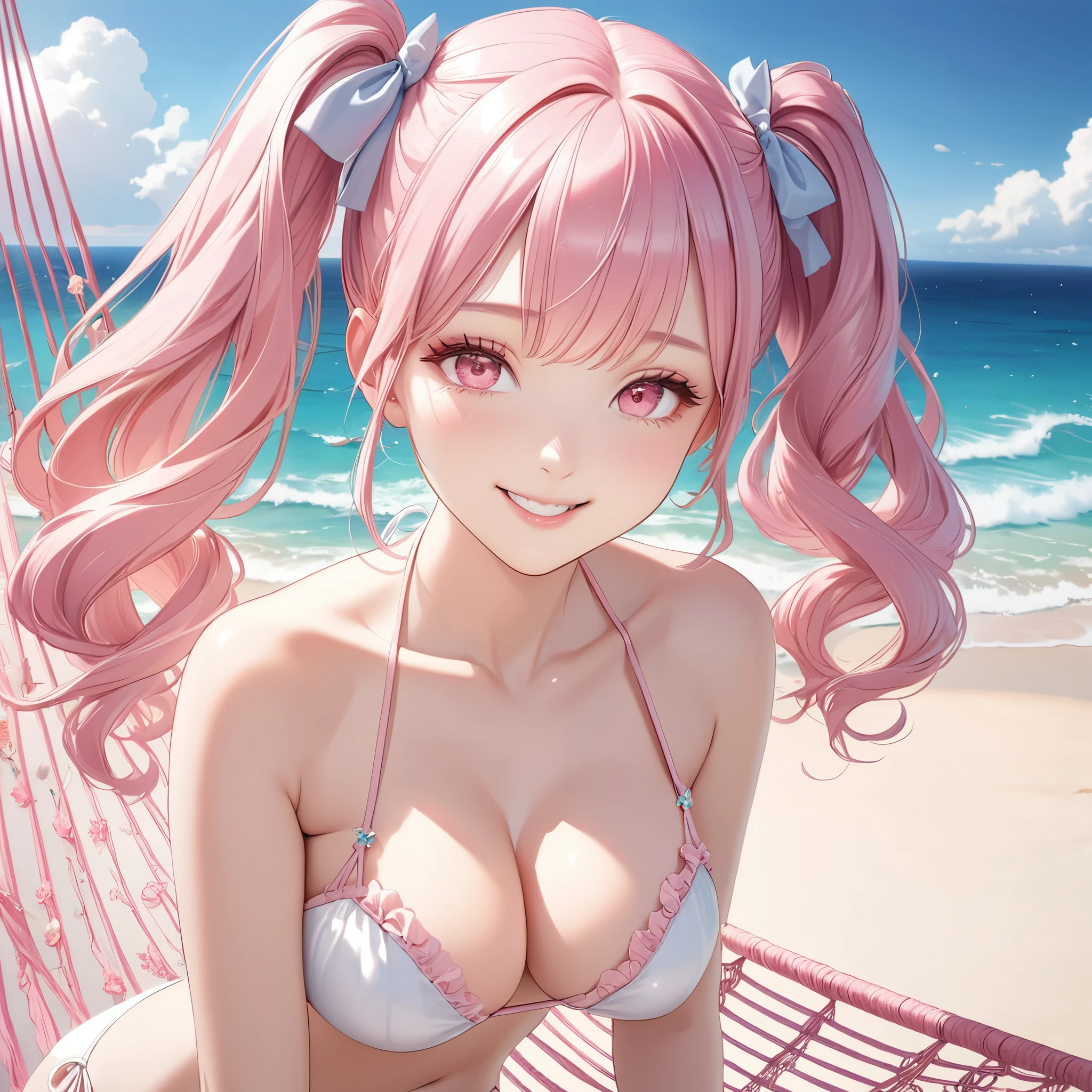 (8K, masutepiece, Best Quality, Official art, beautiful detailed, beautiful lighting, intricate line sketch, best masterpiece in history that exceeds limits), (1 Girl, Solo), (), (Beautiful detailed face), (shiny white skin), (Beautiful big bust, cleavage, tights:1.3), (Beautiful detailed pastel pink twin tails hair, Bangs:1.3), (beautiful detailed drooping pink eyes:1.5), break, (Beautiful detailed cute white bikini, side-tie_bikini_bottom, pink frill, ruffle, ribbon:1.3), (happy smile:1.2), (happy, Attractive, Look at the camera, cute pose, lying on hammock), breathtaking scenery, (ultra detailed realistic beautiful sea, beach, sky:1.3),