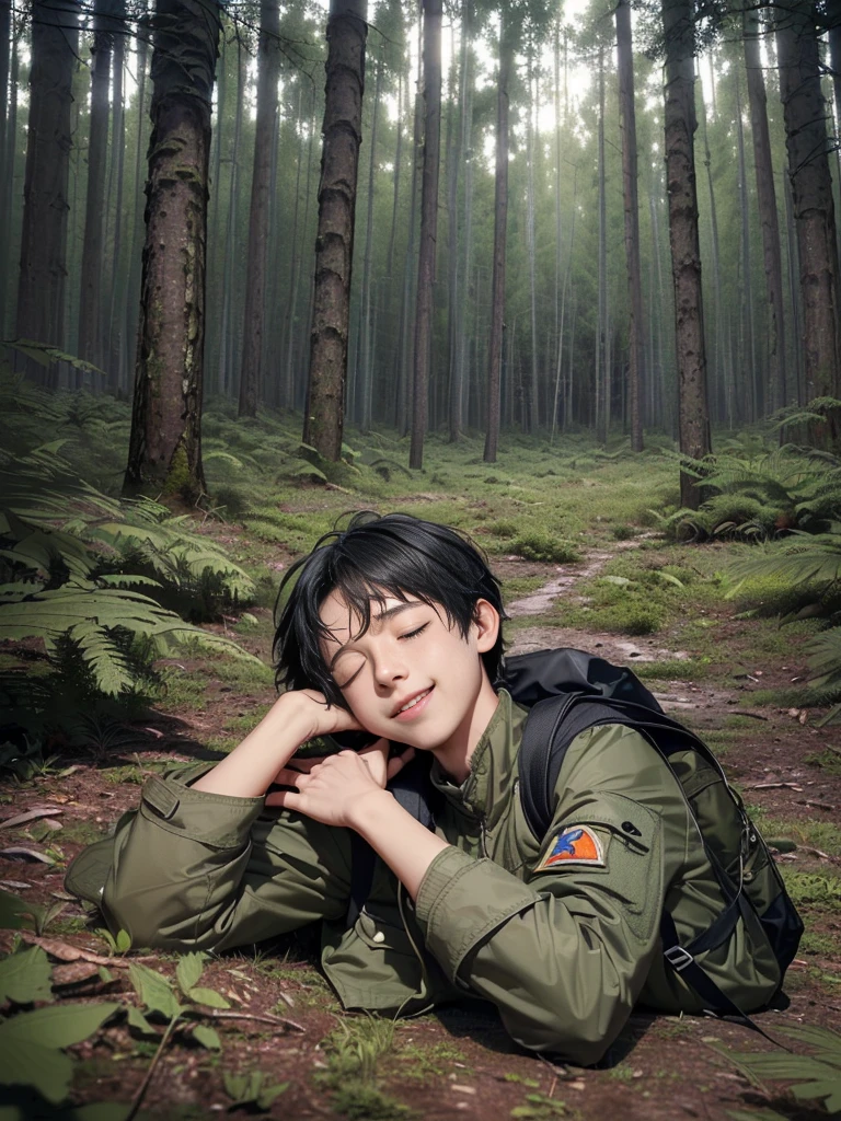 (((Masterpiece))), (high quality), one Japanese boy, 18 years old,(tall and thin,sleepy droopy eyes, long face, (thin cheeks:1.2),(black shaggy short hair,blank expression,smile:1.5),(khaki outdoor jacket,Olive cargo pants,Black trekking shoes,Black Rucksack,Full body portrait:1.5),(The background is a forest at night:1.5),(Lying in the woods at night,Lying directly on the ground,Fainted,lying down and closing your eyes:1.5)