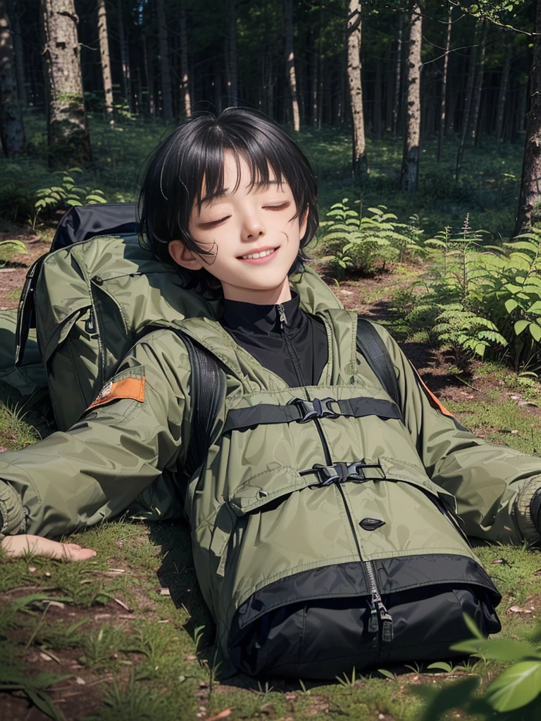 (((Masterpiece))), (high quality), one Japanese boy, 18 years old,(tall and thin,sleepy droopy eyes, long face, (thin cheeks:1.2),(black shaggy short hair,blank expression,smile:1.5),(khaki outdoor jacket,Olive cargo pants,Black trekking shoes,Black Rucksack,Full body portrait:1.5),(The background is a forest at night:1.5),(Lying in the woods at night,Lying directly on the ground,Fainted,lying down and closing your eyes:1.5)