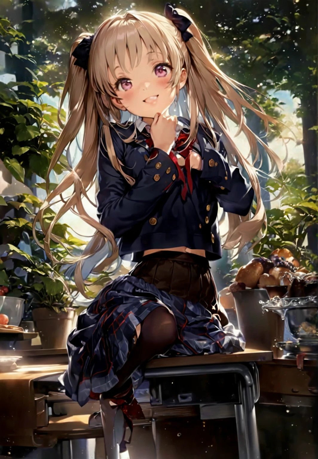 Anime girl standing in front of a table with a big smile, Beautiful anime school girl, Enchanting anime girl, a hyperRealistic , Cute girl anime visuals , Smooth anime CG art, Cute Anime Girl, hyperRealistic , Splash art anime , Realistic , Anime Best Girl