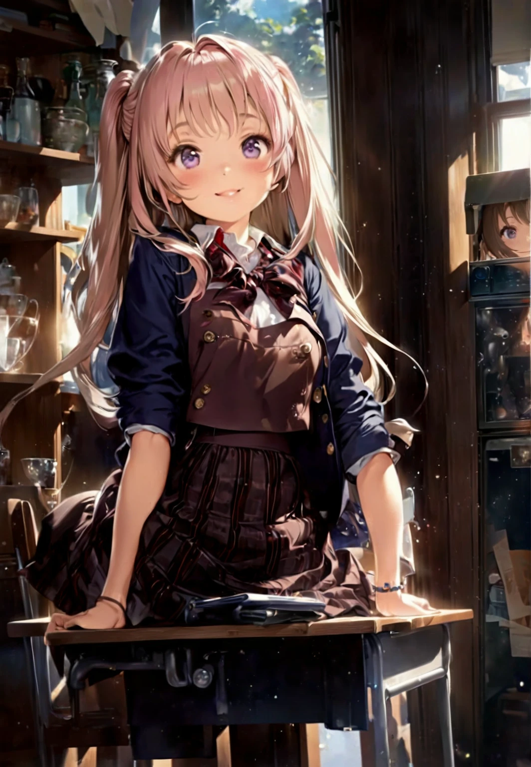 Anime girl standing in front of a table with a big smile, Beautiful anime school girl, Enchanting anime girl, a hyperRealistic , Cute girl anime visuals , Smooth anime CG art, Cute Anime Girl, hyperRealistic , Splash art anime , Realistic , Anime Best Girl
