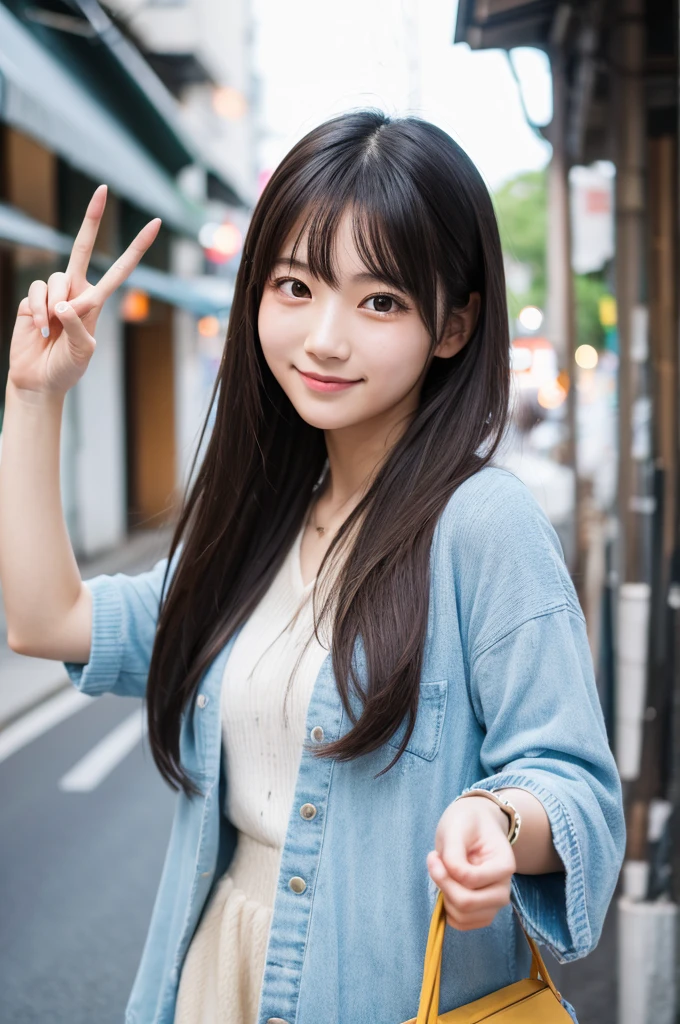 8K, details, Vertical portrait of a charming young Japanese lady making a peace sign, selfie style, high-definition, natural light, as if taken with a Canon camera