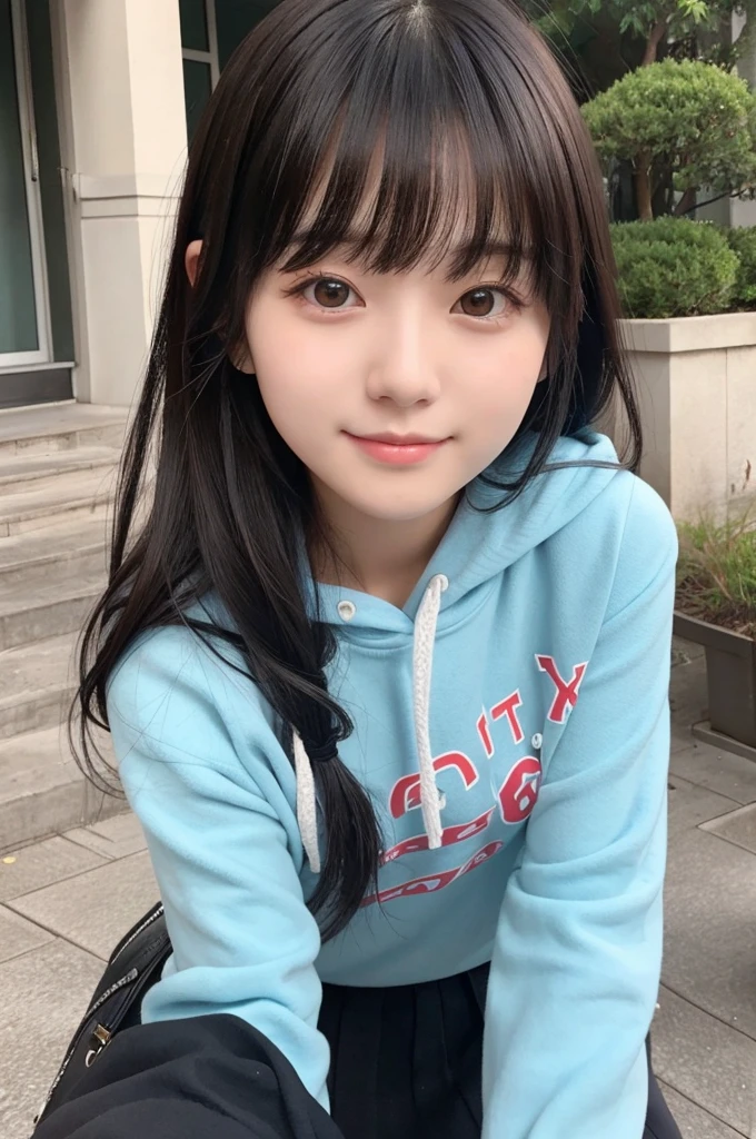 Female university student。With bangs。Black Hair。cute image。A little bit more grown-up。