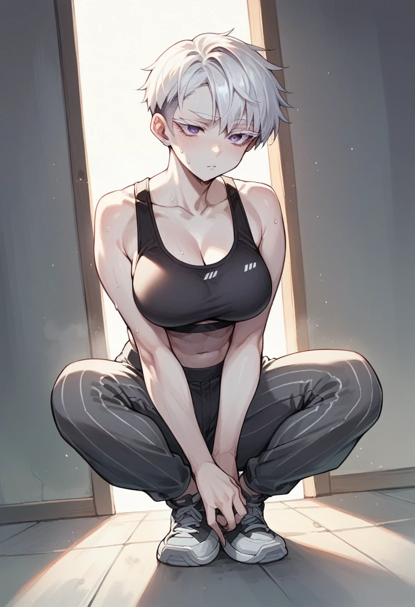 1 girl, short, pixie cut, white hair, white eyelashes, purple eyes, Japanese, white skin, large breast, full body, black sports bra, white haori with stripes, grey sweat pants