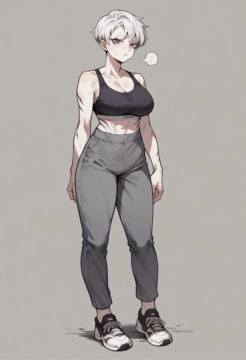 1 girl, short, pixie cut, white hair, white eyelashes, purple eyes, Japanese, white skin, large breast, full body, black sports bra, white haori with stripes, grey sweat pants