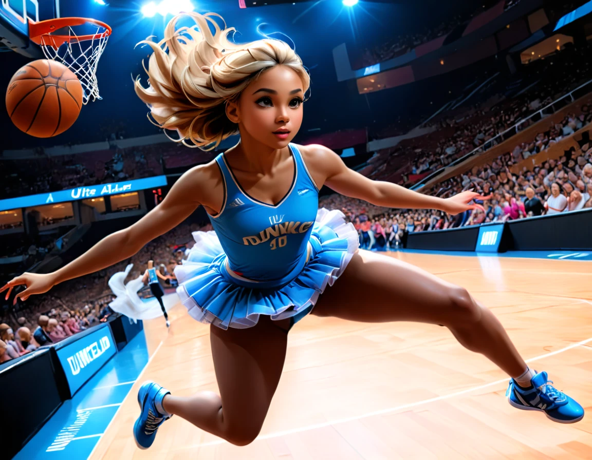 Arafed a sports capture picture of a beautiful ballet dancer (going into the air and dunking: 1.3) at a basketball game, an exotic beautiful ballet dancer, blond hair, long hair, dynamic eyes color, concentrated look, determined look, best detailed face, dynamic skin color, wearing ballet clothes and shoes, and dunking, ultra wide shot, photorealistic, vibrant, Ultra-high resolution, High Contrast, (masterpiece:1.5), highest quality, Best aesthetics), best details, best quality, highres, ultra wide angle, 16k, [ultra detailed], masterpiece, best quality, (extremely detailed),