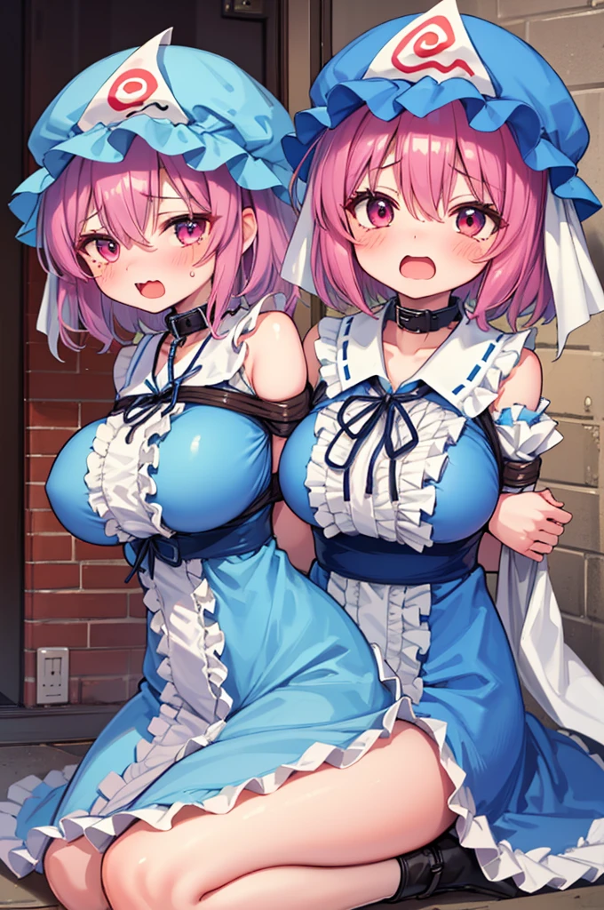 nsfw,((Masterpiece)),((high resolution)),((Best Quality)),Anime illustration,((1girl)),(SAIGYOUJI YUYUKO),Feeling embarrassed,blush,Are crying,Mouth open,15 years old,(Young),((loli)),baby face and big breasts,large breasts,(low length),(Short),orgasm,drunken eyes,Slave Collar , juice,BDSM,rope bondage,((arms behind back)),bound  breasts,restrained,