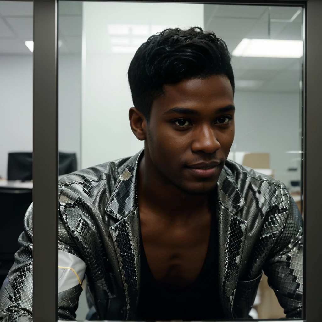 Black boy around 22 years old, good looking and smiling, low cut hairstyle, python programmer, inside an office, looking through glass windows, futuristic city, strategist look, laptop, apple laptop, cinematic, ultra realistic, highly detailed (masterpiece)
