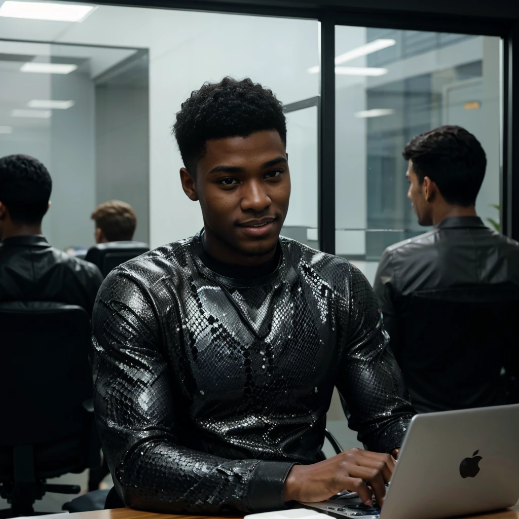 Black boy around 22 years old, good looking and smiling, low cut hairstyle, python programmer, inside an office, looking through glass windows, futuristic city, strategist look, laptop, apple laptop, cinematic, ultra realistic, highly detailed (masterpiece)