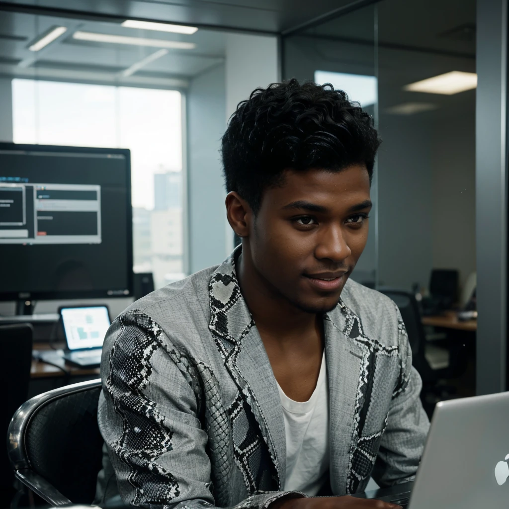 Black boy around 22 years old, good looking and smiling, low cut hairstyle, python programmer, inside an office, looking through glass windows, futuristic city, strategist look, laptop, apple laptop, cinematic, ultra realistic, highly detailed (masterpiece)