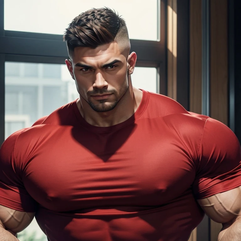 a very handsome man, with a Mid fade haircut, very muscular, with large muscles, with very large arms and biceps, with a very large and muscular body, wearing a red shirt