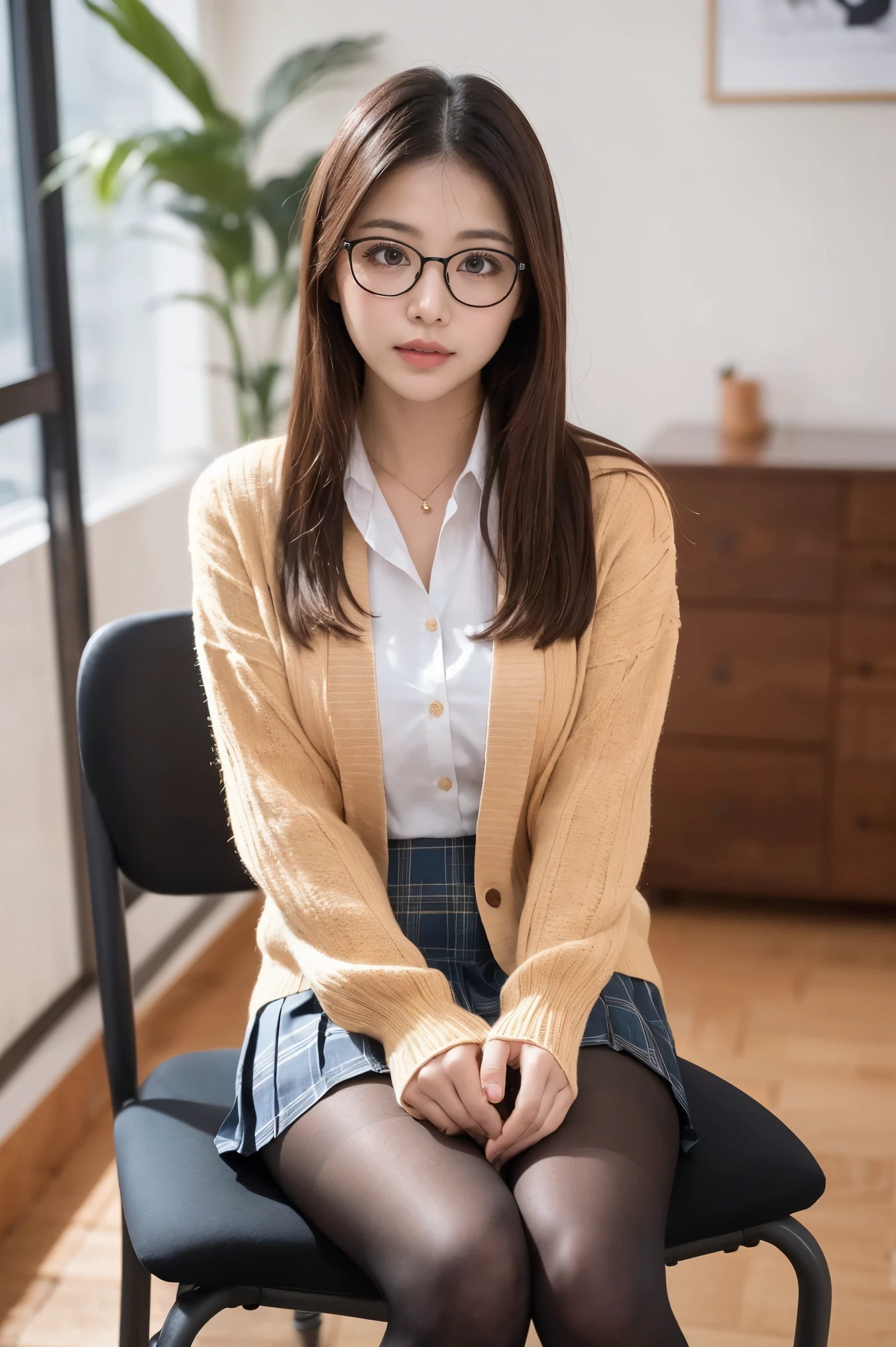 (((8k、High resolution、Highest quality、High resolution)))alone、Natural body shape、White skin、Natural Makeup、((Black Hair、bangs、Straight Long Hair))、(((Glasses)))、、(Sit cross-legged in a chair:1.6)、(())、(((((Full body photo)))))、(((Looking into the camera)))、(((Wear a uniform on the upper body)))、Bedroom、(((Of high school))) 、((white collared long sleeve blouse))、((Beige cardigan))、((Pleated skirt with dark blue plaid pattern、mini skirt、Ultra-realistic pantyhose))、、、Expressionless、((Exposing thighs))