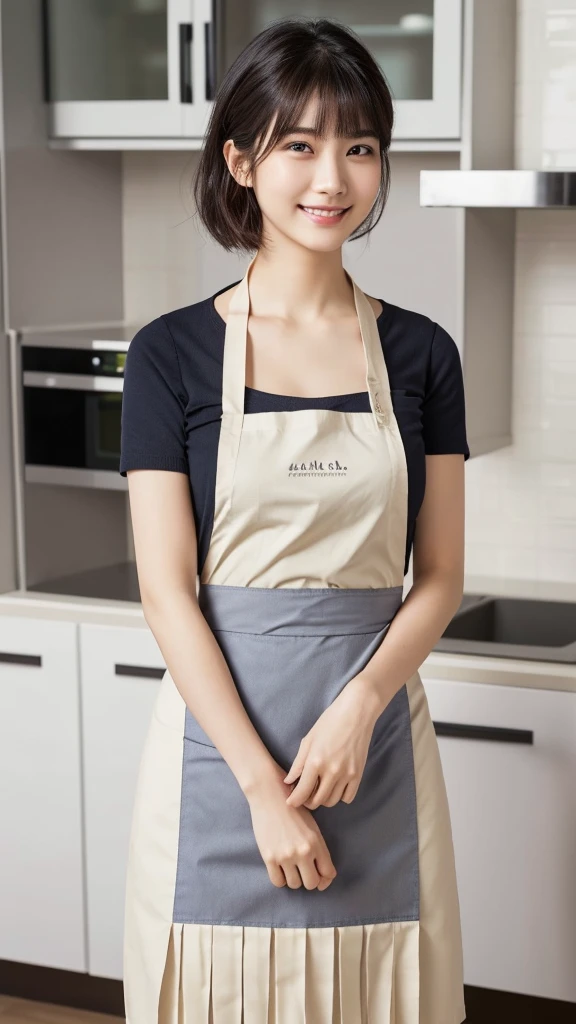 (Highest quality: 1.5), (Realistic: 1.5), (1 person: 1.5), Very detailed, High resolution, 8k,Natural color lips, Cute Smile, Japanese women, 20-year-old girl, Beautiful and elegant features, Perfect and beautiful face, Balanced big eyes, Beautiful and elegant features, Natural double eyelids, Natural Bangs, Beautiful thin nose, Beautiful Skin, Medium Bob Hair , Natural Bangs , Perfect and beautiful face, Slim face and figure, (Sweet smile), Bright lighting, Professional Lighting, Forward lighting, Beautiful feet: 1.2, Smooth Skin, Slender body, Slim waistline, slim thin thighs, Cleavage, Detailed clothing, (Wearing an apron,:1.5),(Short sleeve dress shirt:1.3), (Pleated skirt:1.3), Standing posture, kitchen, Cooking, Apron appearance