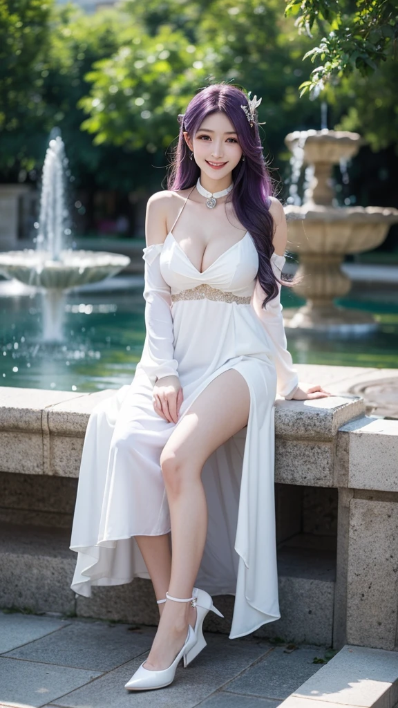 best quality, masterpiece, detailed,
Shizuru,
1girl, closed mouth, smile, teeth,
purple hair, long hair, blue eyes, hair between eyes, hair ornament,
white dress, detached sleeves, collar, gem, cleavage, white footwear,
looking at viewer, arms at sides,
outdoors, fantasy, building, cloud, fountain