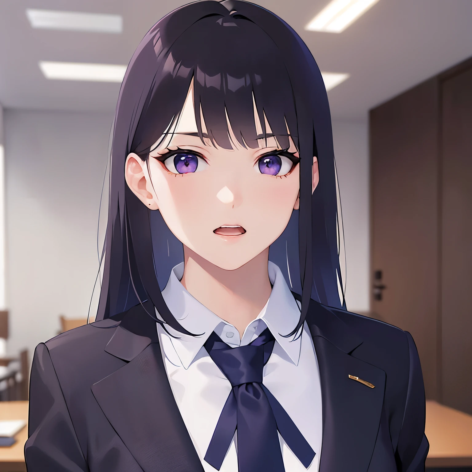 Upper Body, Realistic, real person, (pale skin: 1.2), RAW photo, photorealistic, shiny skin, shiny hair、(A 25-year-old woman with straight hair and bangs) and (medium hair) and (black hair) and (purple eyes) , (suit:1.5) and (Blue tie) 、open mouth, Serious expression, The background is the conference room、Alone、Are standing