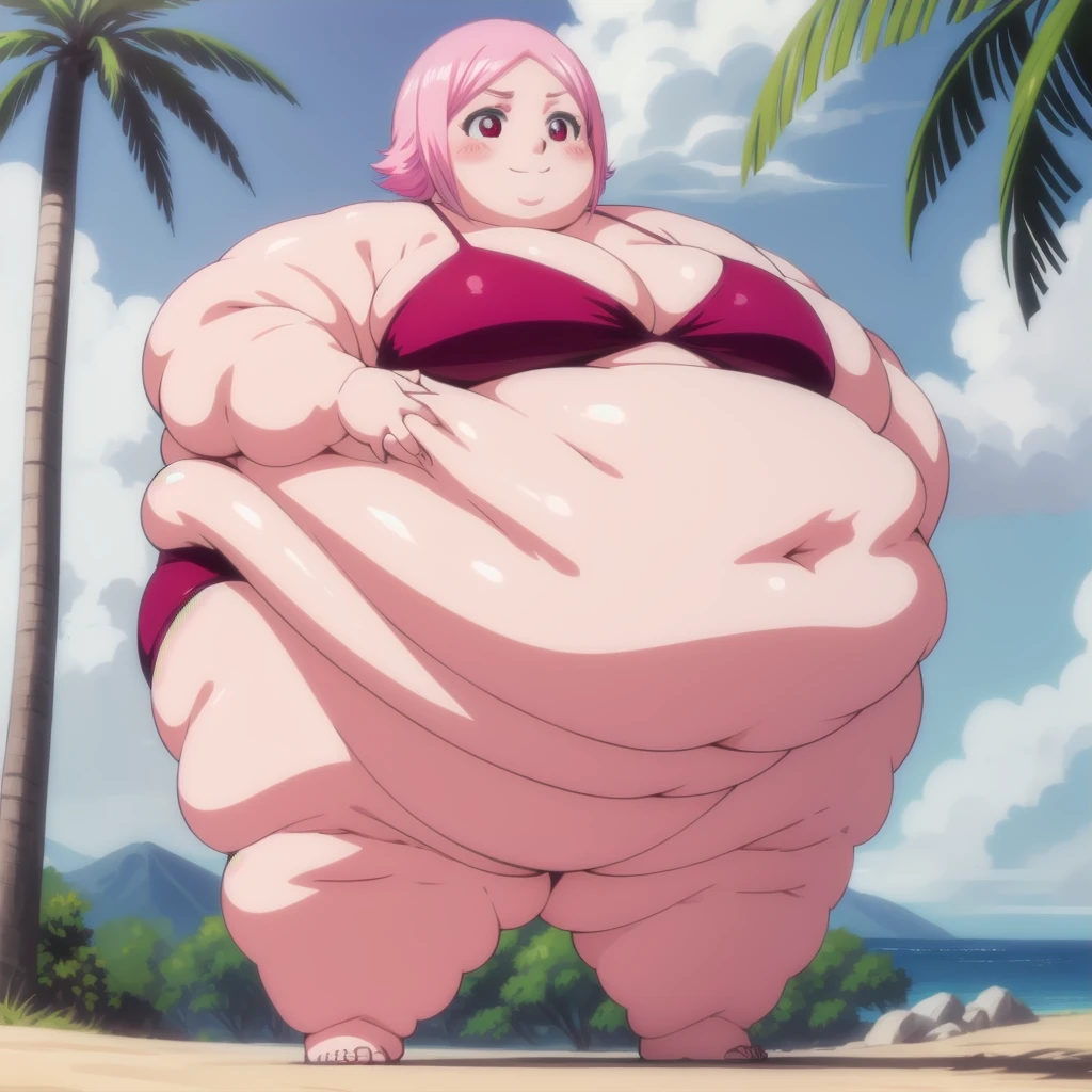 standing, happy, blush, 1girl, Slob yachiru kusajishi, obese thick thighs, big and fat face, big obese cheeks, small obese neck, pink hair, red eyes, no pupils, small breats, red ??????, ultra detailed, tropical beach, masterpiece, best quality, aesthetic, detailed, ????