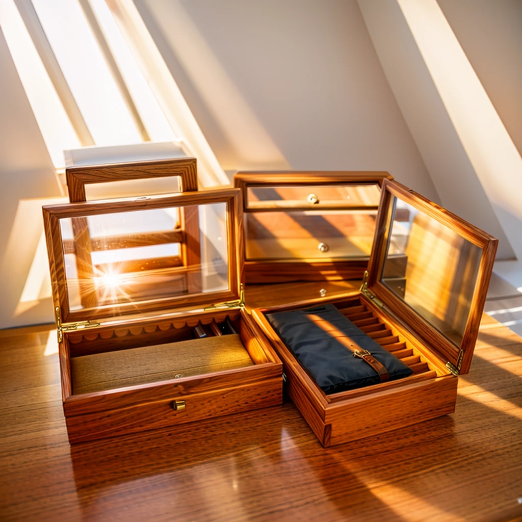 In this cozy room,A ray of sunlight shone through the half-drawn curtains on the table,Let the wood grain on the watch storage box shine with a faint luster。There was a calm and peaceful atmosphere in the air around them。There are several still lifes hanging on the walls of the room,It adds a touch of elegance to the space。And on the other side of the room,The half-open window lets in the breeze,The pages on the small desk by the window turned in the wind,This quiet scene gives a sense of tranquility and comfort。