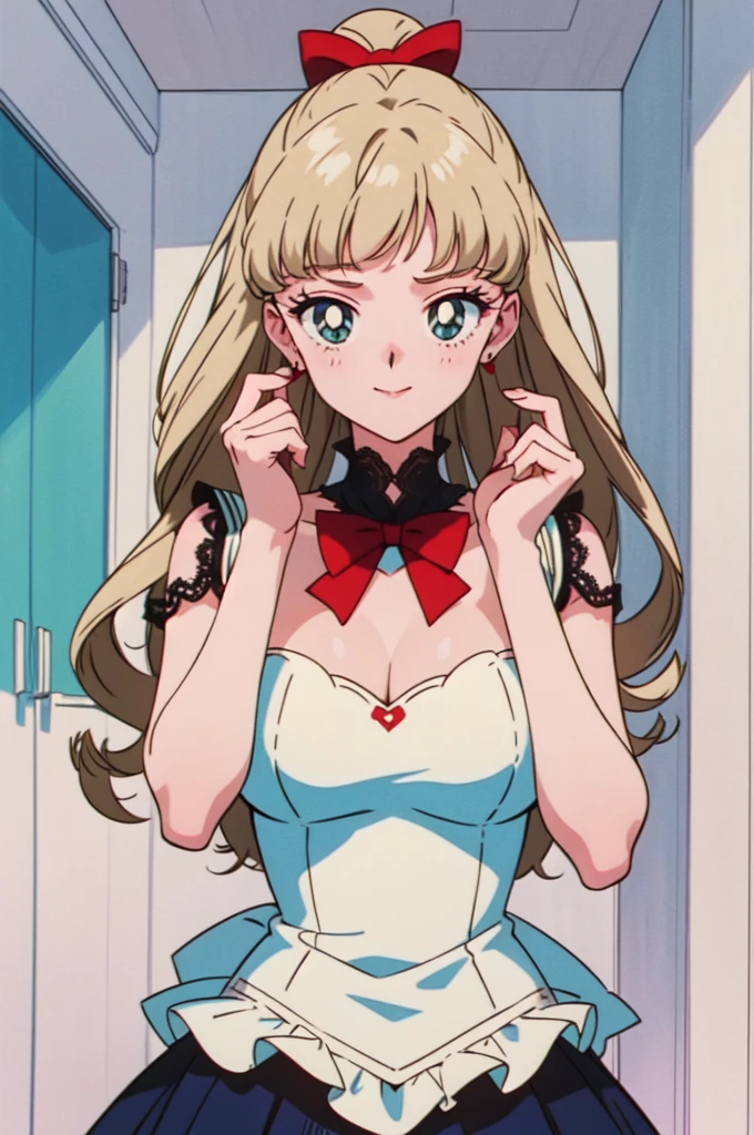 (masterpiece, best quality, beautiful and aesthetic:1.3), 1girl, light smile, solo, EPTakeuchiNaokoStyle, beautiful face, beautiful eyes, 1990s \(style\), anime screencap, retro artstyle, anime coloring, traditional media,red ribbon,blunt bangs,green eyes,ringlets, twin drills,blonde hair.lace, large breasts,princess,{{{shaded face,seductive smile}}},full body