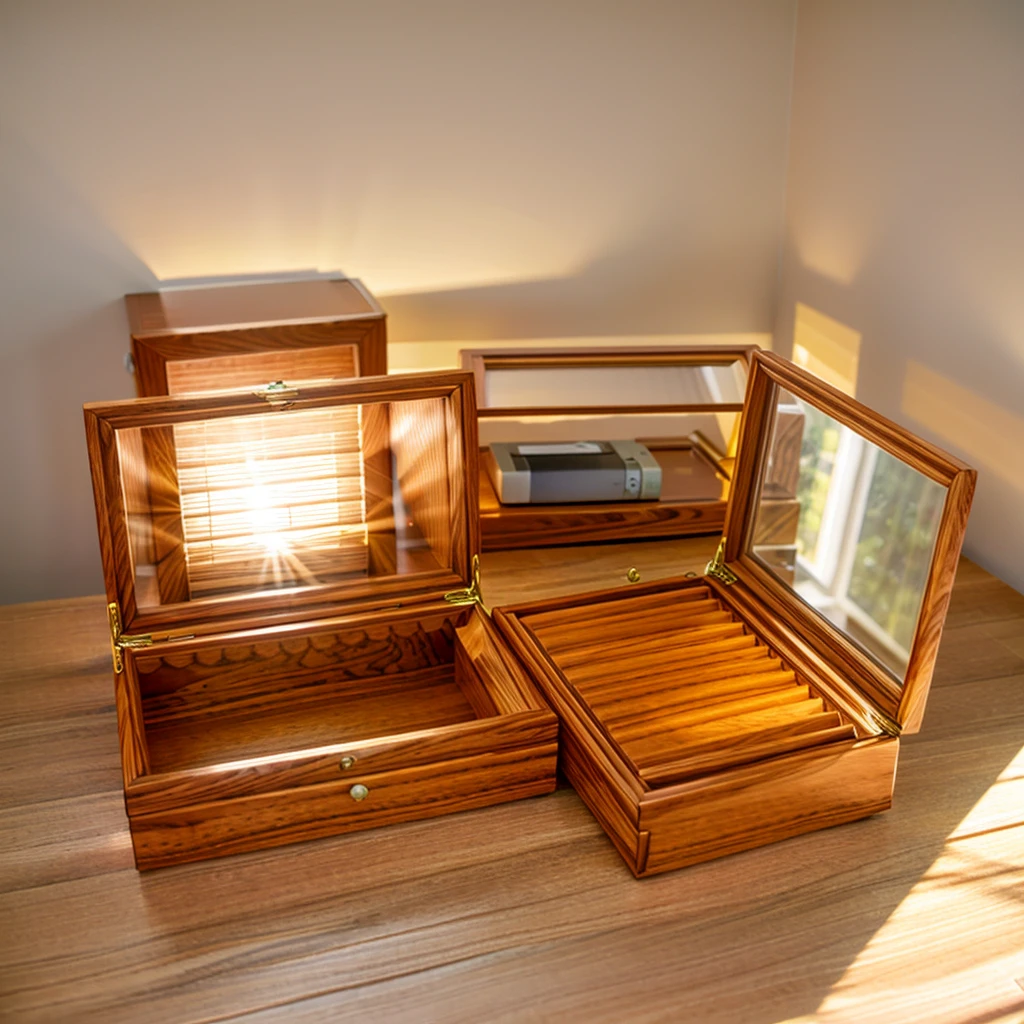 In this cozy room，A ray of sunlight shone through the half-drawn curtains on the table，Let the wood grain on the watch storage box shine with a faint luster。There was a calm and peaceful atmosphere in the air around them。There are several still lifes hanging on the walls of the room，It adds a touch of elegance to the space。And on the other side of the room，The half-open window lets in the breeze，The pages on the small desk by the window turned in the wind，This quiet scene gives a sense of tranquility and comfort。

