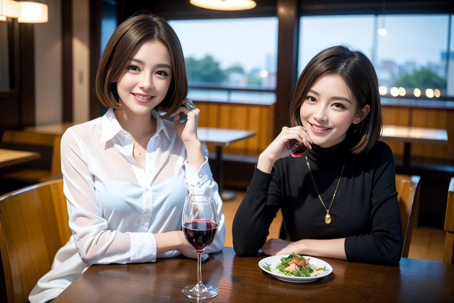 ((Highest quality、8k、masterpiece:1.3))、Shortcuts、cute、slimカップル、modelカップル、actress男優、(Realistic, Intricate details:1.2), full-course dinner、Wine Party、Amazing view of the sunset sky and clouds、A bright smile、short hair,Bright Face、 (Age 45), 42 years old, red wine 、Appetizers、Italian food、Wine bottle、Champagne、sparkling wine、Two beauties、Brown Hair、Shortcuts、Long sleeve shirt、dress、Beautiful woman 1, (slimな顔), (The body is slim), (Brown Hair), (Shortcuts), cheeks turn a little red,Attractive beauty、restaurant, In a prominent place (From the waist up) Nova Frog Style, actress, model, Upper Body, White wine, slim, wine glass, 中央に置かれたwine glass, smile, (smile: 1.15), Beautiful fine grain, Depth f/2,saturation, High Contrast, Strong light and shadow,Moist Body:1.5、3D texture、Delicate eyes、Brown Hair、The hair is very shiny、