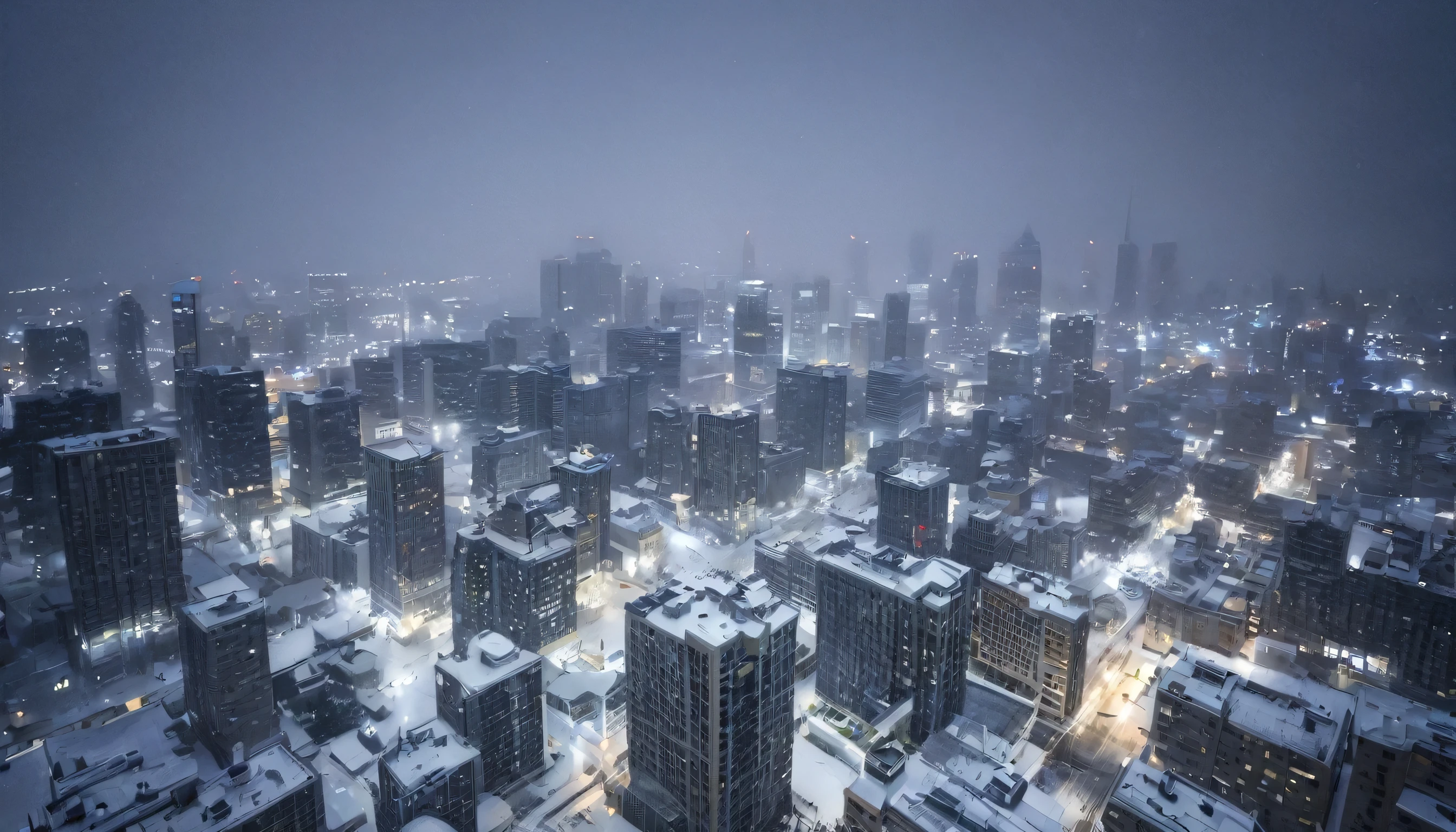 Cityscape, architecture, Non-human, cold sky,(blizzard:1.5), Snowstorm, City, dark sky, cold，Covered in heavy snow