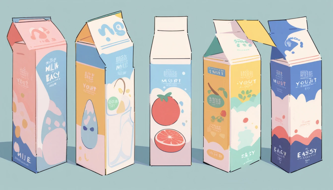 アニメ,flat colors,clear lines. yogurt box，Regular props，全视图展示front、side、back三视图，All views on one image。front，The yogurt box is designed to be easy to hold，Small opening on top，Convenient to drink directly。side，Display the capacity and height of the yogurt box。back，Yogurt ingredients and production date labels are clearly visible。The main color of the yogurt box is lively，Pattern with cartoon milk and fruits。masterpiece, best quality,