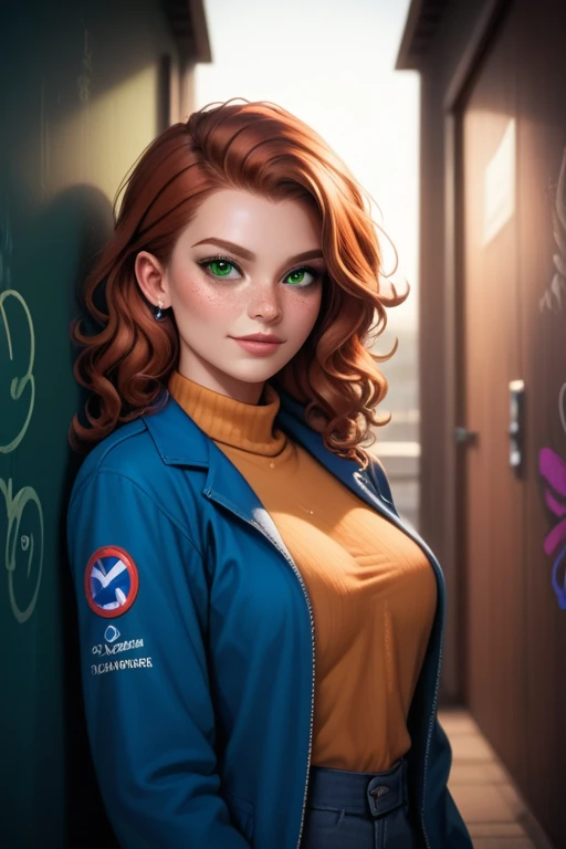Tall and slender woman; wavy auburn hair; piercing green eyes; fair skin with a few freckles; athletic build; confident; girl-next-door look; soft and cute features); in a graffiti tunnel; best quality; trending on artstation; dark room with complex volumetric lighting; strong shadows; artistic lighting; dynamic; energetic vibe; realistic skin; specular highlights; micro-textures; highly detailed hair; worn-out overcoat, warm clothing.