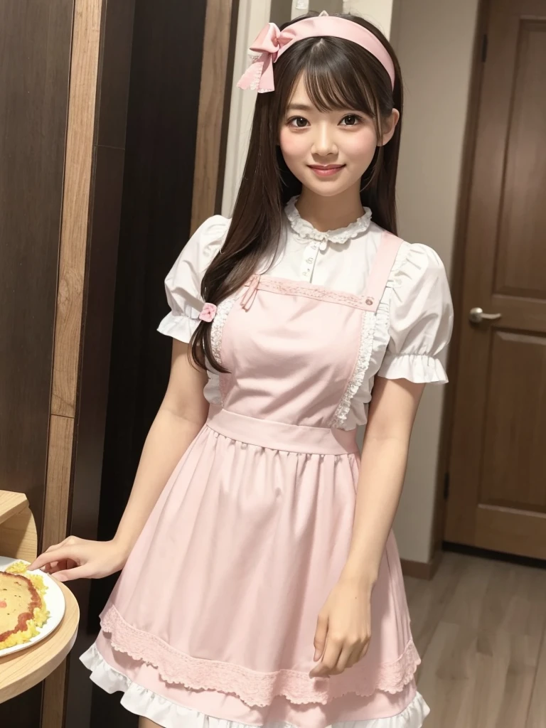 There is a cute maid with omlet rice, wearing pink Maid clothes