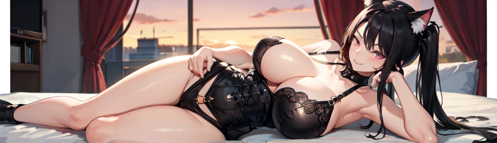 (Masterpiece), ((best quality)), 1girl, (laying down), black dress, corset, black hair, (high pigtails), long hair, cat ears, (pink eyes), smirk, ((big breasts)), ((wide hips)), sunset