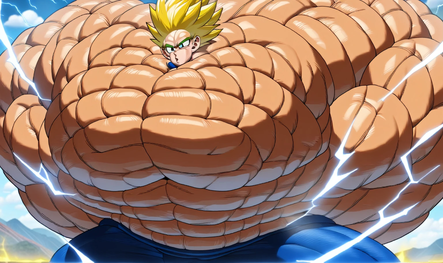 1boy, Vegeta, from Dragon Ball Z, masterpiece, best quality, very aesthetic, absurdres, saiyan, green eyes, spiked hair, (yellow hair:2), shirtless, blue skintight pants, white gloves, (huge muscles:4.2), dragonballartstyle, in the style of Akira Toriyama, outdoors, flat-top mountains, abs, yellow aura, electricity
