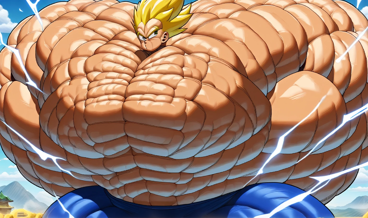 1boy, Vegeta, from Dragon Ball Z, masterpiece, best quality, very aesthetic, absurdres, saiyan, green eyes, spiked hair, (yellow hair:2), shirtless, blue skintight pants, white gloves, (huge muscles:4.2), dragonballartstyle, in the style of Akira Toriyama, outdoors, flat-top mountains, abs, yellow aura, electricity
