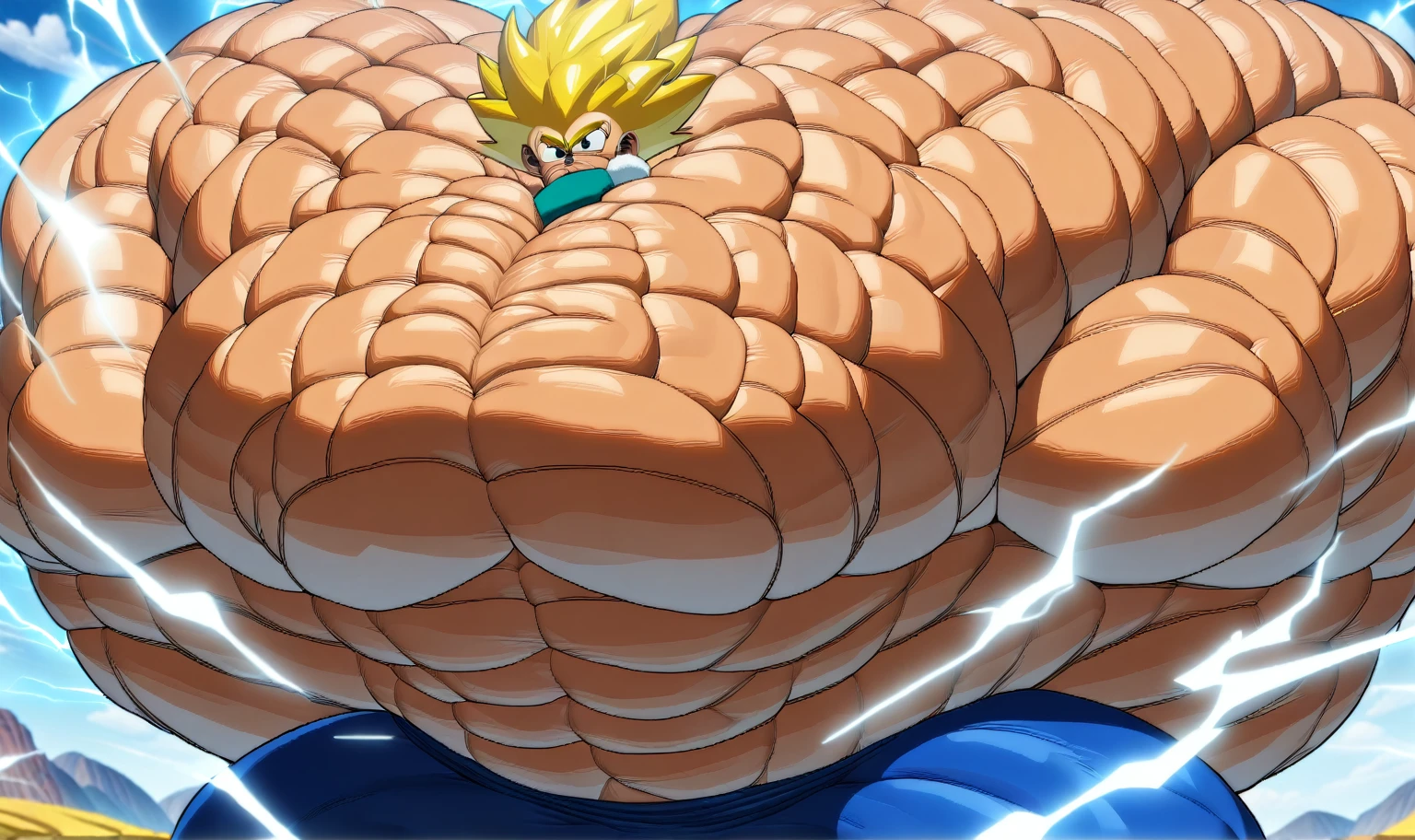 1boy, Vegeta, from Dragon Ball Z, masterpiece, best quality, very aesthetic, absurdres, saiyan, green eyes, spiked hair, (yellow hair:2), shirtless, blue skintight pants, white gloves, (huge muscles:4.2), dragonballartstyle, in the style of Akira Toriyama, outdoors, flat-top mountains, abs, yellow aura, electricity