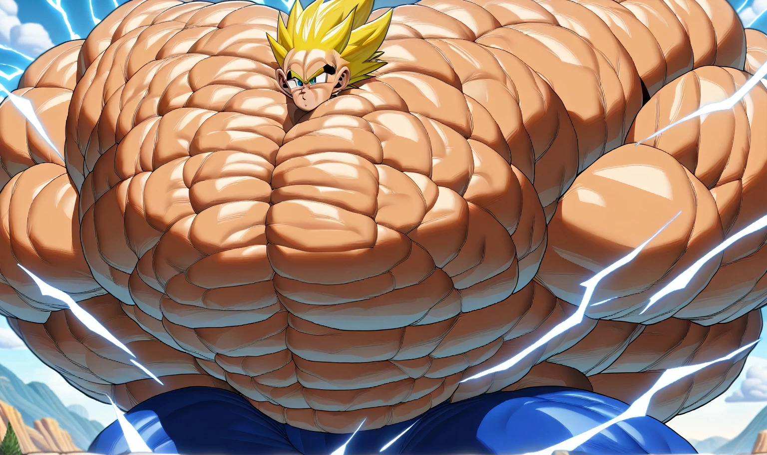 1boy, Vegeta, from Dragon Ball Z, masterpiece, best quality, very aesthetic, absurdres, saiyan, green eyes, spiked hair, (yellow hair:2), shirtless, blue skintight pants, white gloves, (huge muscles:4.2), dragonballartstyle, in the style of Akira Toriyama, outdoors, flat-top mountains, abs, yellow aura, electricity