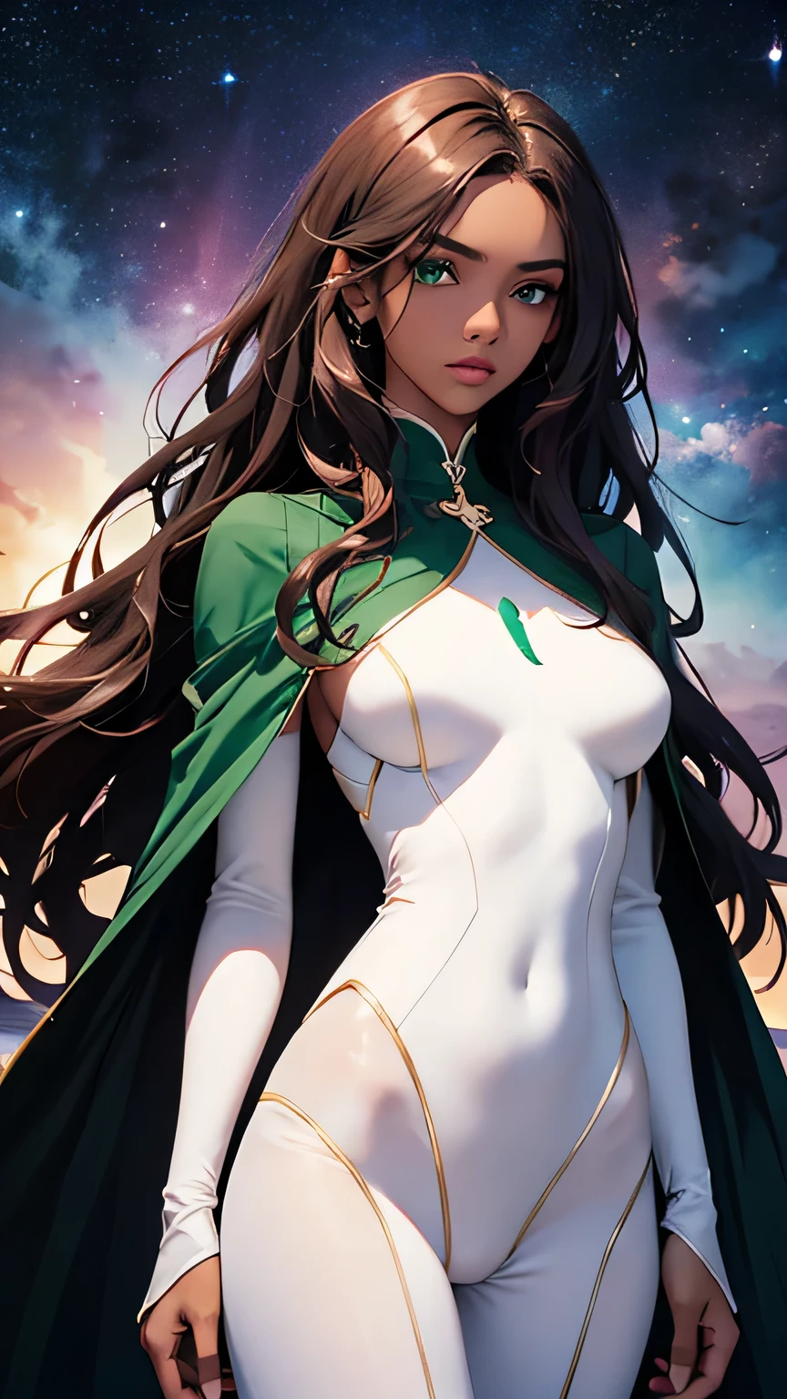 highest quality、Realistic、girl、zoom、Emerald green eyes、Pink long curly hair、Black Hero Suit、Glossy bodysuit、White Cape、Brown black skin、slender、Dark Skin、Large Breasts、Bust Shot、Top view、Looking up、universe space