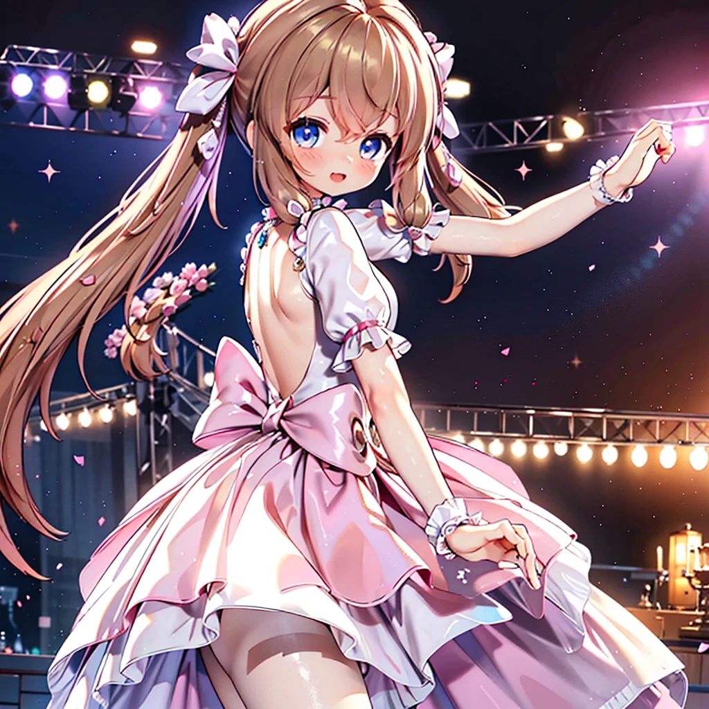 Solo girl, comical, kawaii, Blue eyes, light brown hair, back high twintails, front braids, princess dress, open mouth smile, front view, dance at the stage, neon and led lights, posing, sexy, high-resolution image, masterpiece, high quality, attractive eyes
