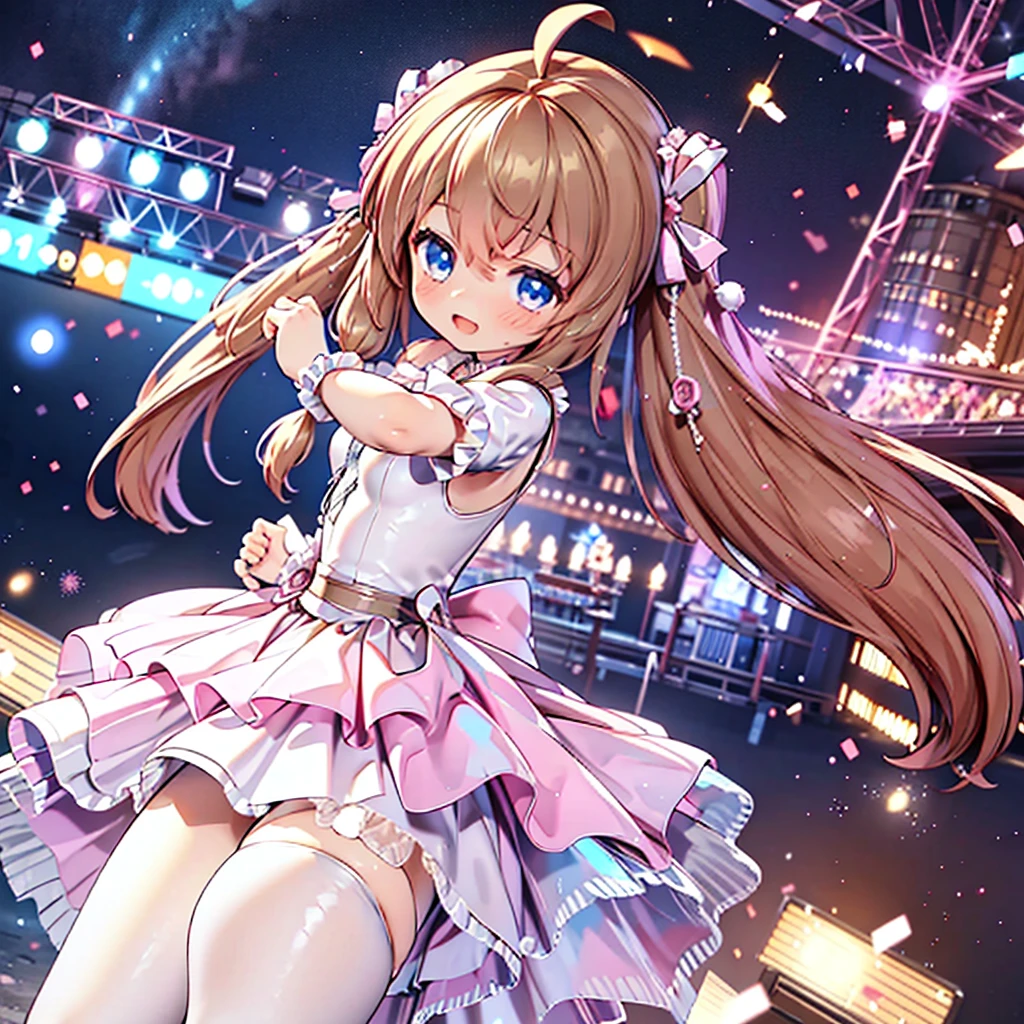Solo girl, comical, kawaii, Blue eyes, light brown hair, back high twintails, front braids, princess dress, open mouth smile, front view, dance at the stage, neon and led lights, posing, sexy, high-resolution image, masterpiece, high quality, attractive eyes