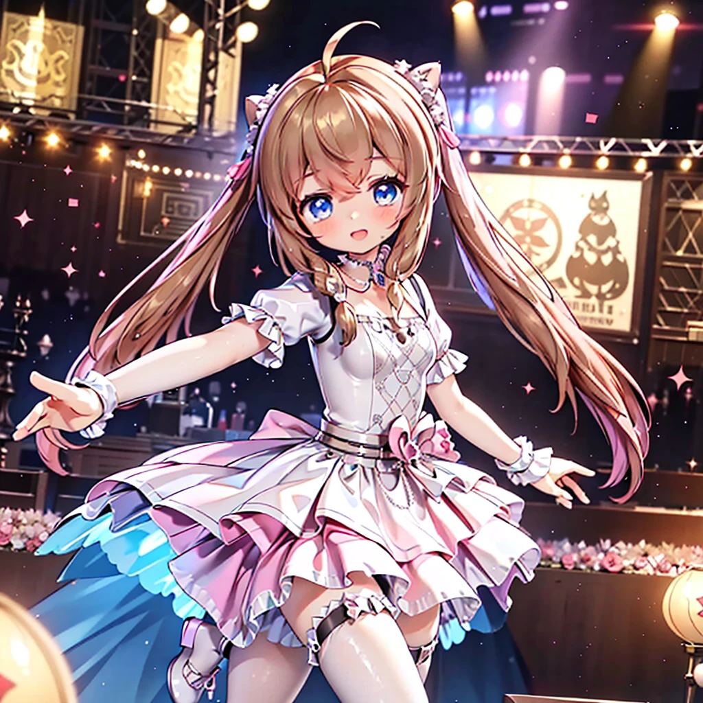Solo girl, comical, kawaii, Blue eyes, light brown hair, back high twintails, front braids, princess dress, open mouth smile, front view, dance at the stage, neon and led lights, posing, sexy, high-resolution image, masterpiece, high quality, attractive eyes
