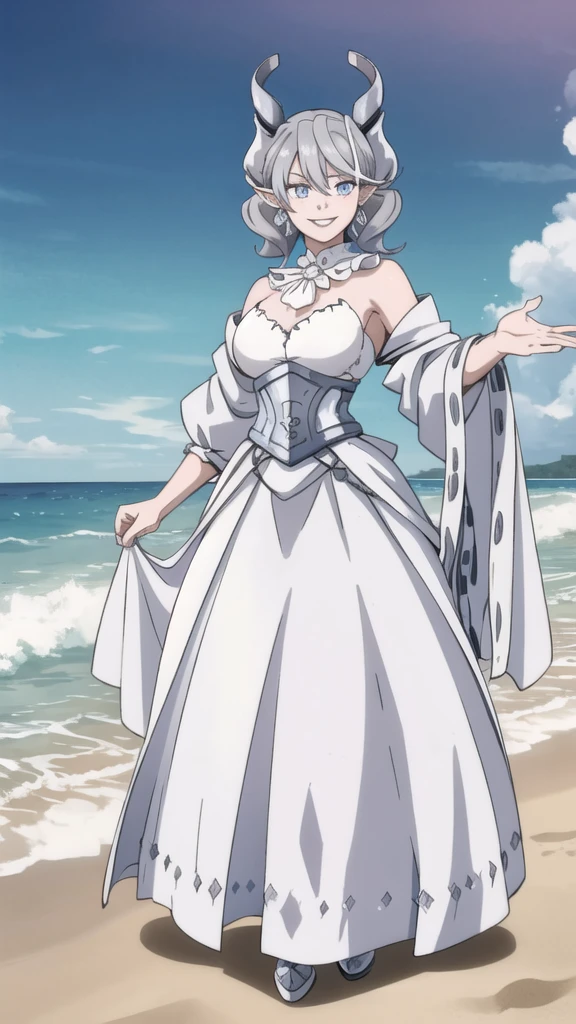 Beautiful arts wallpaper Sunset Outside castle top High level image quality best image quality 8K adult woman silver castle outside more colors whole body view portrait wearing pure white pirate dress horn ears short hair((shortcut)(gray hair)(perm)(fluffy)) eye color is blue , , attractive evil face , smile , beach , labrynth , holding her breast, , standing , waves