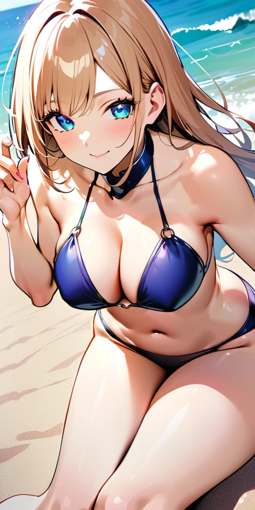 ((Highest quality、、masterpiece:1.3)), Upper Body、Long legs、Sharp focus:1.2, Beautiful woman with perfect figure:1.4、(Smiling:1.2), double eyelid、30-year-old female、Sexy pose、((((Close your mouth、One Woman、bikini,sea,beach,sea side))))、(((((Hands on the side of the body)))))