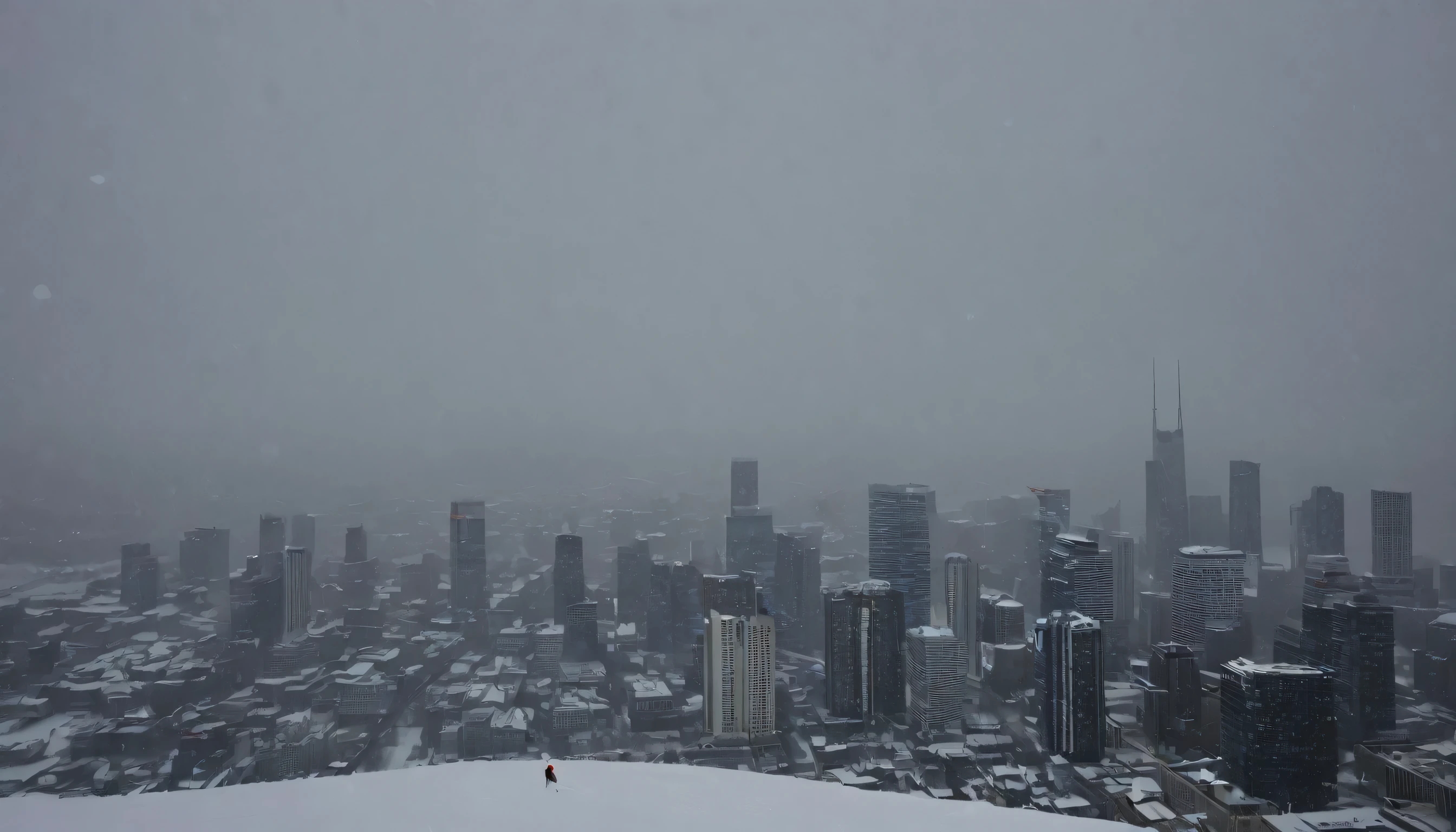 Cityscape, architecture, Non-human, cold sky,(blizzard:1.5), Snowstorm, City, dark sky, cold,Covered in heavy snow