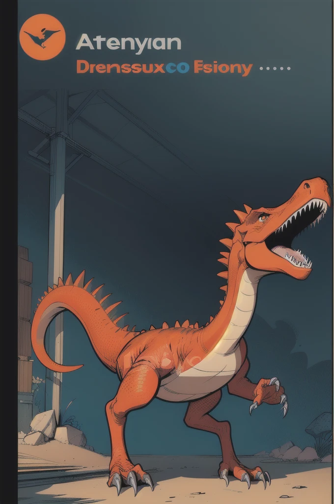 (Cartoon Style:1.4),Red Tyrannosaurus rex，Dinosaur，The background is a solid color，exhibit，张着嘴巴的Dinosaur的动漫海报，American comic book style