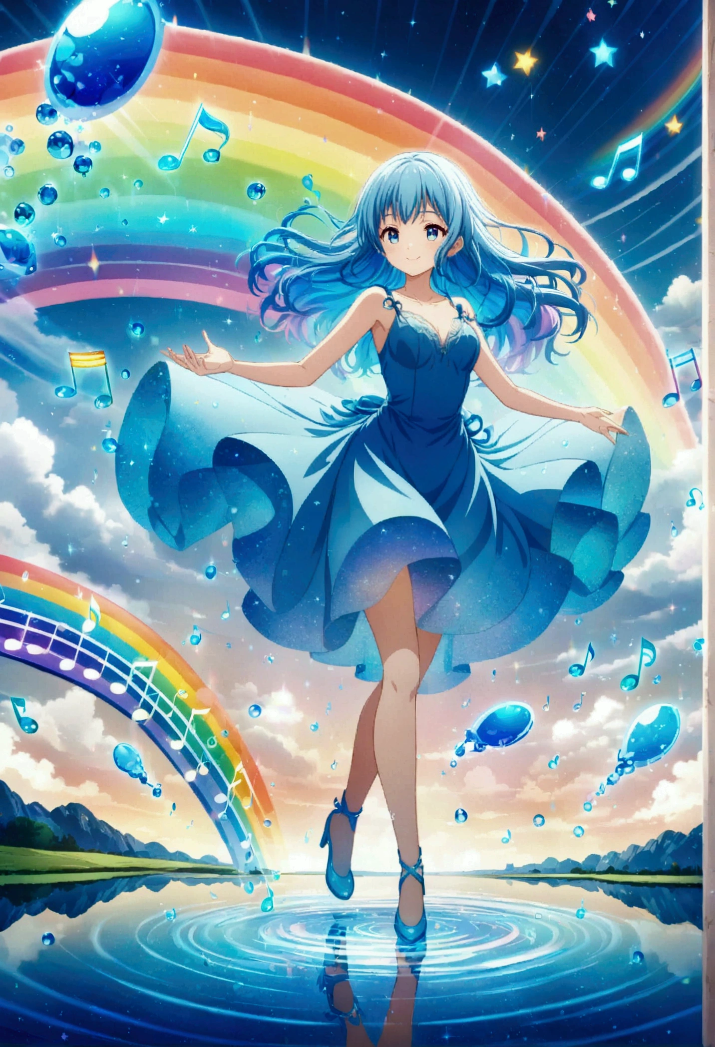 Anime style, ultra-detailed, 8K CG, blue-haired girl, smile, blue world, mysterious blue objects floating, star, (musical note), rainbow, blue dress, reflection, rainbow-colored water dancing around her. Rotating rainbow-colored water.