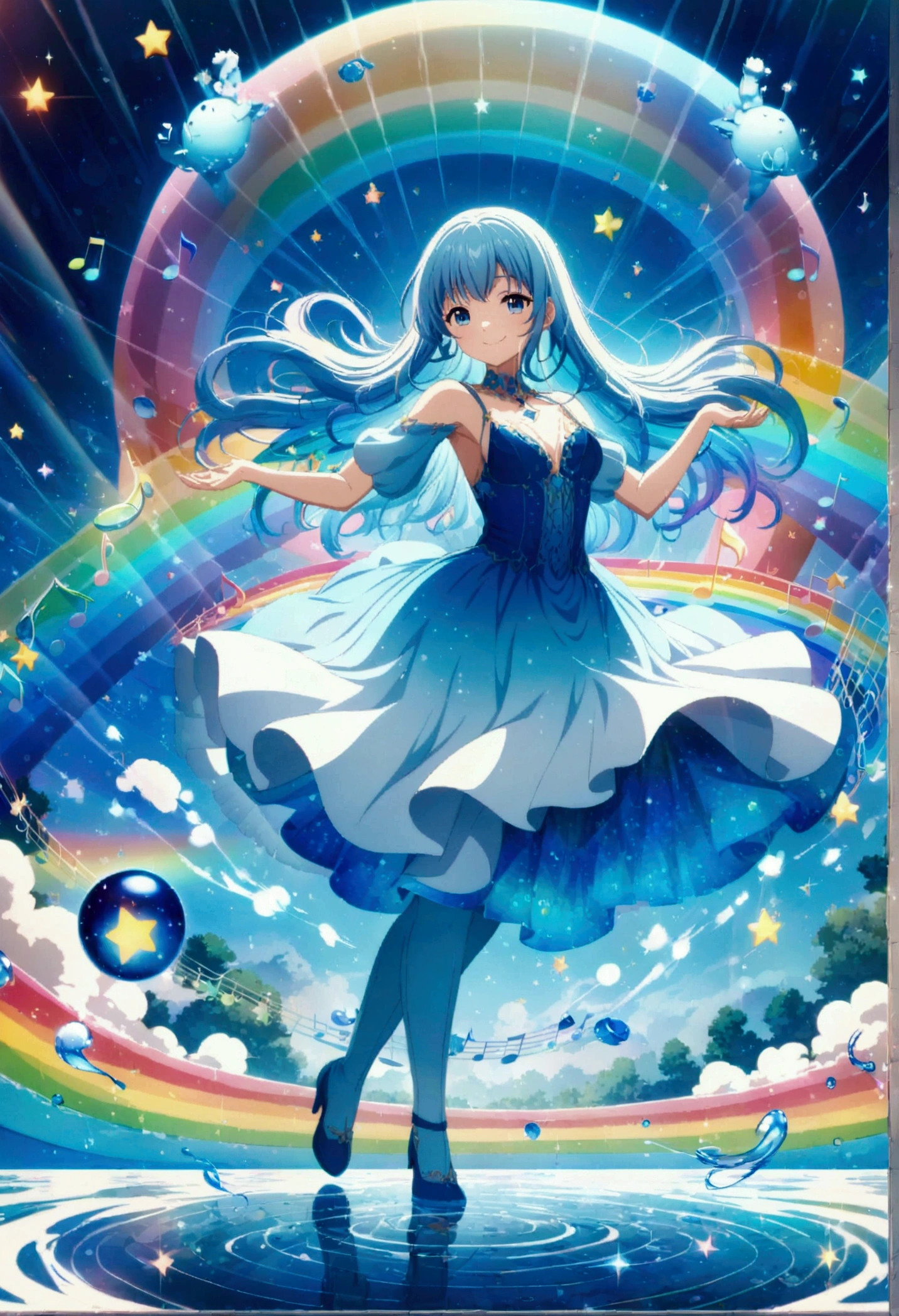 Anime style, ultra-detailed, 8K CG, blue-haired girl, smile, blue world, mysterious blue objects floating, star, (musical note), rainbow, blue dress, reflection, rainbow-colored water dancing around her. Rotating rainbow-colored water.