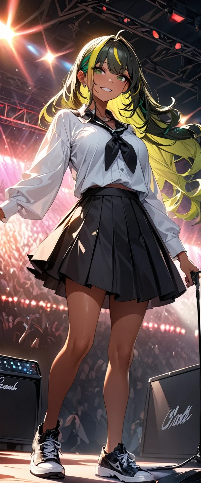 (highest quality:1.2, Very detailed, up to date, Vibrant, Ultra-high resolution, High Contrast, masterpiece:1.2, highest quality, Best aesthetics), Portraiture、girl、singer、stage、performance、Rock Music、Bright colors、Beautiful fine details、Beautiful lip detail、long hair、ponytail, white and yellow green ((streaked hair:1.6)), highlights hair: 1.5, middium breast, (tan skin:1.1), Music band、Cheerful pose、Concert Light、Edgy Style、black Skirt-style-bikini、loose fit, Dynamic Movement、hypnotic sounds、Stadium、amplifier、Loud music、Electric guiter、Gibson Les-Paul, mike stand, Powerful vocals、Passionate performance、Sparkling stage、Concert atmosphere、Music Festival、Full of emotion、Rock star attitude、Resolute expression、Avid Fan、The presence of an attractive stage、 Expressive gestures、Rock star aura、An exciting atmosphere、Sing with all your heart、An unforgettable show, (full body:1.1)