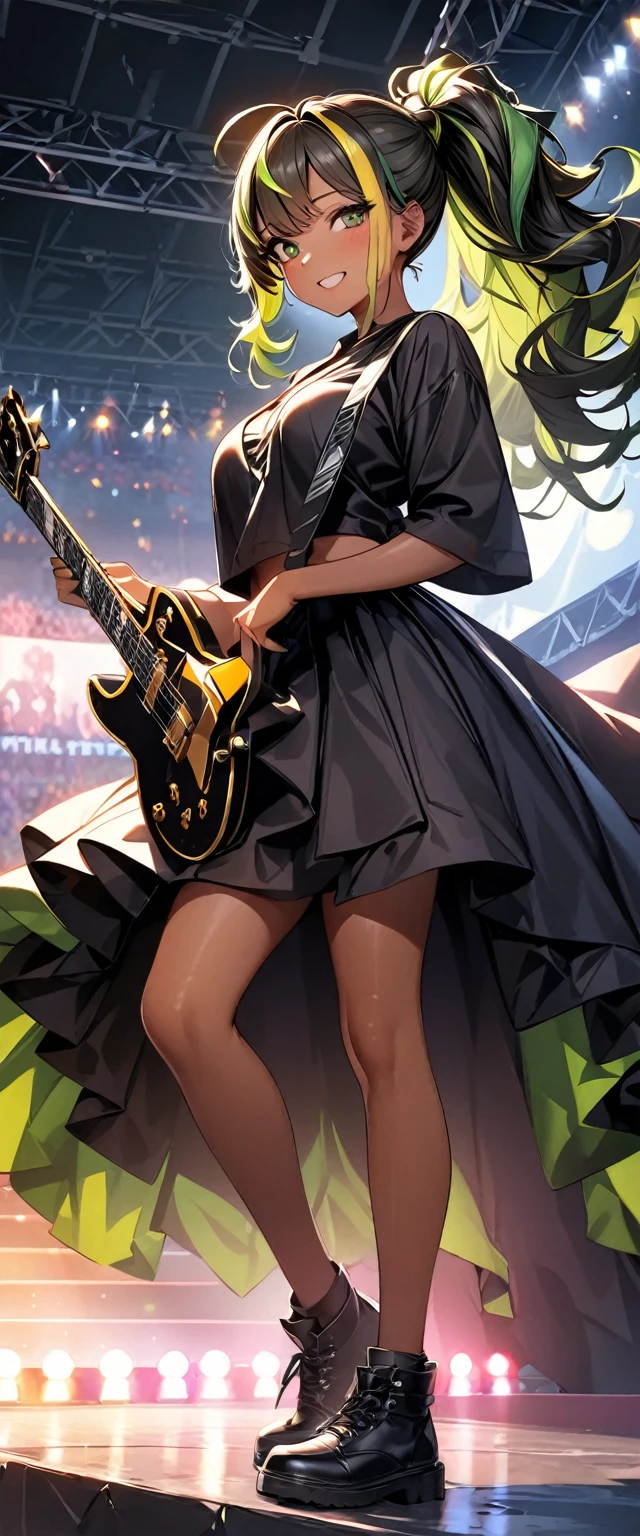 (highest quality:1.2, Very detailed, up to date, Vibrant, Ultra-high resolution, High Contrast, masterpiece:1.2, highest quality, Best aesthetics), Portraiture、girl、singer、stage、performance、Rock Music、Bright colors、Beautiful fine details、Beautiful lip detail、long hair、ponytail, white and yellow green ((streaked hair:1.6)), highlights hair: 1.5, middium breast, (tan skin:1.1), Music band、Cheerful pose、Concert Light、Edgy Style、black Skirt-style-bikini、loose fit, Dynamic Movement、hypnotic sounds、Stadium、amplifier、Loud music、Electric guiter、Gibson Les-Paul, mike stand, Powerful vocals、Passionate performance、Sparkling stage、Concert atmosphere、Music Festival、Full of emotion、Rock star attitude、Resolute expression、Avid Fan、The presence of an attractive stage、 Expressive gestures、Rock star aura、An exciting atmosphere、Sing with all your heart、An unforgettable show, (full body:1.1)