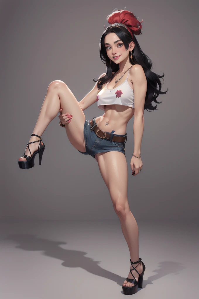 hayley smith, 1girl, black hair, long hair, solo, necklace, jewelry, crop top, headband, midriff, panties, metallic platform high heels, belt, navel piercing,looking at viewer, smile, cowboy shot, fullbody, hippie, underboobs, cleavage 