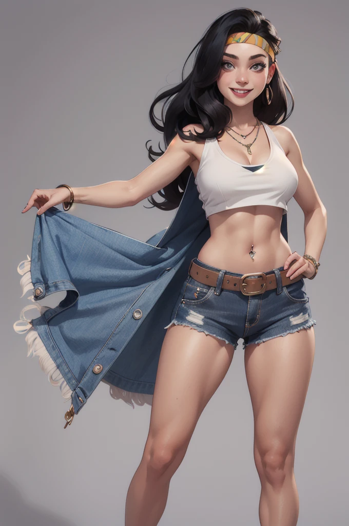 hayley smith, 1girl, black hair, long hair, solo, necklace, jewelry, crop top, headband, midriff, panties, metallic platform high heels, belt, navel piercing,looking at viewer, smile, cowboy shot, fullbody, hippie, underboobs, cleavage 