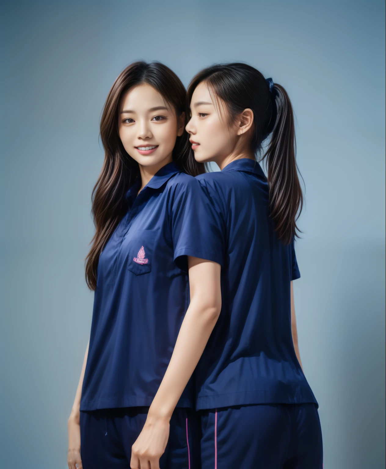 (best quality,10,10,height,Masterpiece:1.2),Special details,(realistic,ภาพrealistic,Realistic photos:1.37),1 Cute girl in the kitchen,shiny, ผิวshiny,only,smile softly,BDclothelue shirt:1.3)),short sleeve,shirt, กางเกงขาlong.,(navy_long_track pants:1.1), ((Kitchen Background)),Dynamic angle,excited,Face focus,dynamic poses,from behind,focus on ass,Masterpiece, best quality, ultra realistic, hyper detail, 8k resolution, raw photos, Sharp focus, ((Navy blue shirt:1.1)), short sleeve, เส้นทางlong, perfect body, 2 mature women, 18 years old, Cinema-grade lighting system,blue sweatpants,shirtผ้าออกกำลังกาย,correct anatomy,perfect body, correct body, Sharp face, correct bodyทางกายวิภาค, full body, realistic gestures, long-haired, realistic poses,Wear long shorts...........................,ช่วงขาlong,Good shape,carved girl, Slender figure, model, Good shape, beautiful body,blue sweatpants, two girls kissing