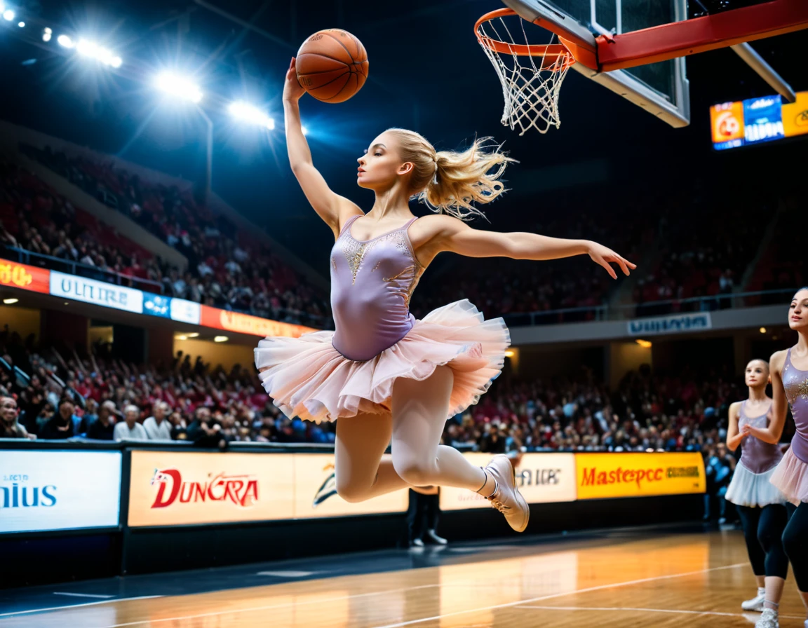 Arafed a sports capture picture of a beautiful ballet dancer (going into the air and dunking at basketball: 1.3) at a basketball game, an exotic beautiful ballet dancer, blond hair, long hair, dynamic eyes color, concentrated look, determined look, best detailed face, dynamic skin color, wearing ballet clothes and shoes, and dunking, ultra wide shot, photorealistic, vibrant, Ultra-high resolution, High Contrast, (masterpiece:1.5), highest quality, Best aesthetics), best details, best quality, highres, ultra wide angle, 16k, [ultra detailed], masterpiece, best quality, (extremely detailed),