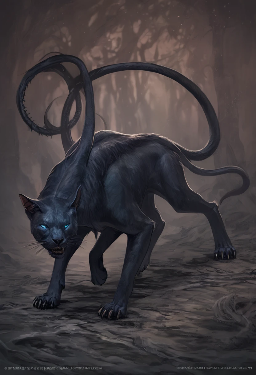 DISPLACER BEAST, feral, solo, FELINE BODY, HORROR, ((six legs, six paws)), DISPLACER beast looks like a large cat, covered with smooth blue-black fur. Its alien origins are obvious from the six legs and two tentacles that grow from its shoulders, ending in pads with sharp spines. The beast's eyes glow with a terrifying malice that persists even after its death.